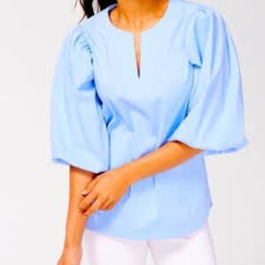 Chico's No Iron Stretch Blue Shadow Stripe Top Balloon Sleeves Size 14